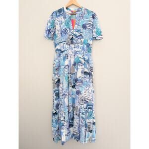 NWT Vilagallo Leila Shells Maxi Dress Blue White Short Sleeve Shift Dress 44 XL